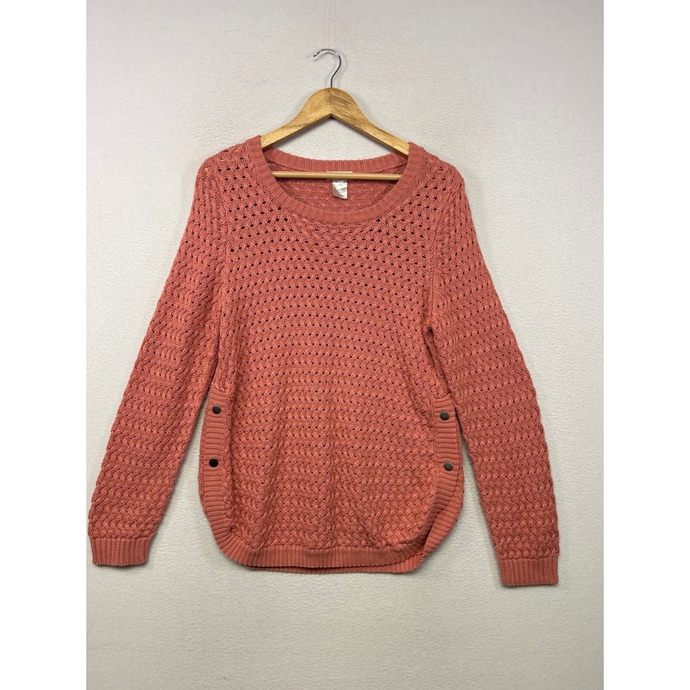 Boho Coastal Venus Womens Medium Coral Pink Pointelle Side Button Knit Sweater